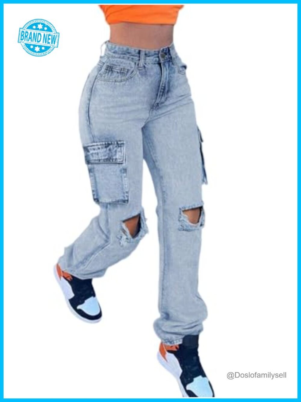 High Waisted Ripped Boyfriend Cargo Jeans Flap Pockets Denim